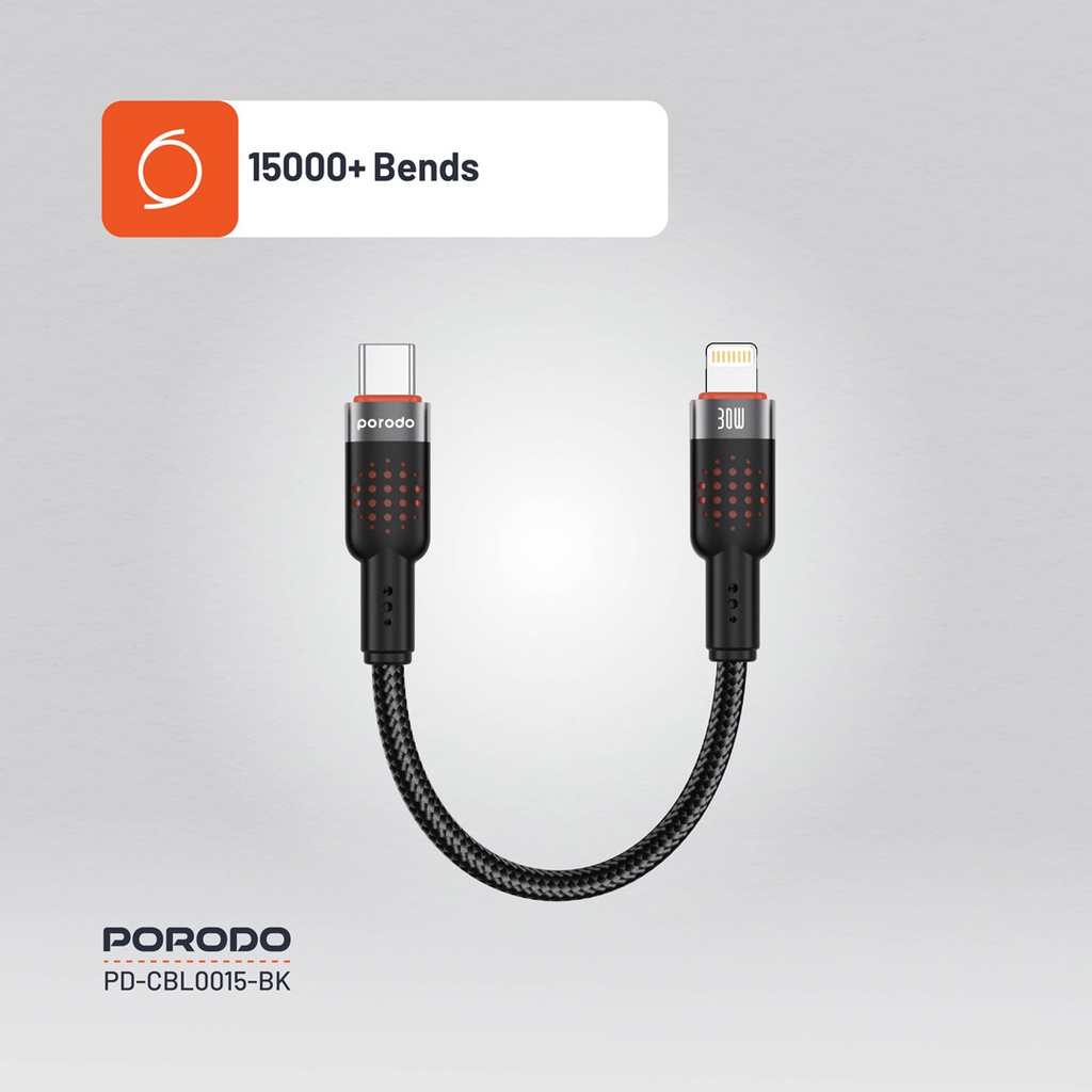 PORODO BRAIDED 25CM CABLE USB C TO LIGHTNING PD30W BLACK PD-CBL0015 thumbnail 5