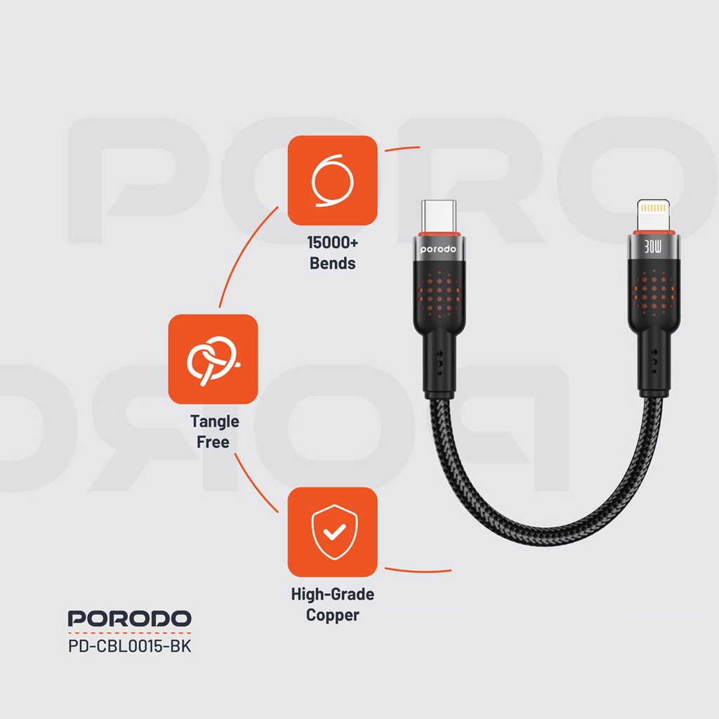 PORODO BRAIDED 25CM CABLE USB C TO LIGHTNING PD30W BLACK PD-CBL0015 thumbnail 3