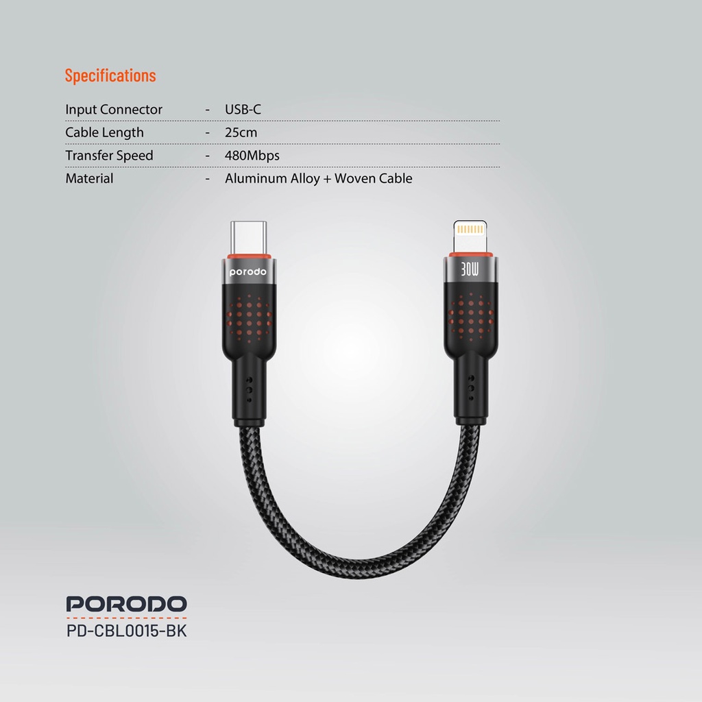 PORODO BRAIDED 25CM CABLE USB C TO LIGHTNING PD30W BLACK PD-CBL0015 thumbnail 2