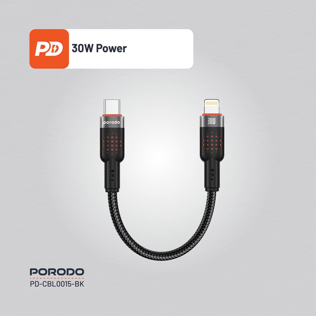 PORODO BRAIDED 25CM CABLE USB C TO LIGHTNING PD30W BLACK PD-CBL0015 thumbnail 9