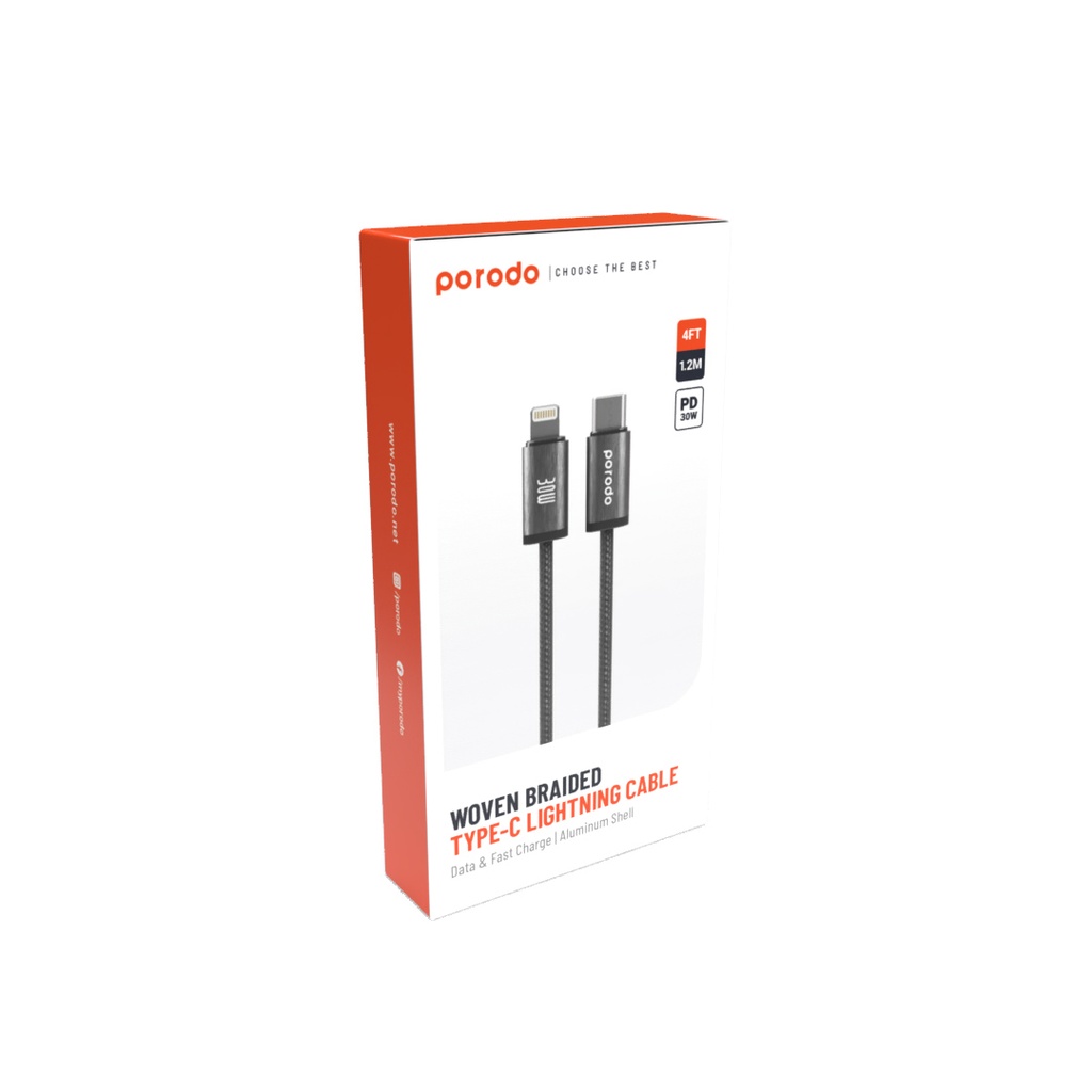 PORODO WOVEN BRAIDED TYPE C TO LIGHTNING CABLE 1.2M BLACK PD-W30LC1-BK thumbnail 2