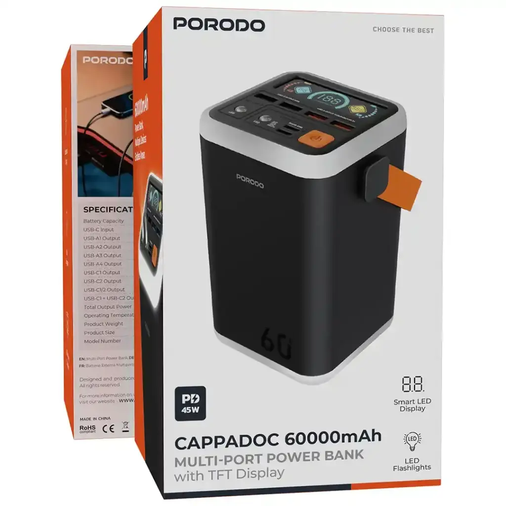 PORODO CAPPADOC 60000MAH MULTI PORT POWER BANK WITH TFT DISPLAY BLACK PDPBFCH4560BK thumbnail 2