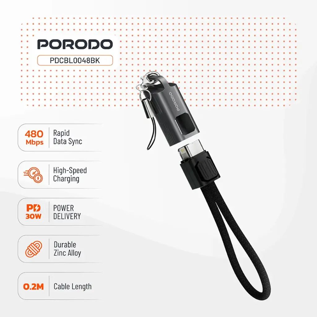 PORODO CHARGELOOP KEYCHAIN USB C TO LIGHTNING DATA CABLE BLACK PDCBL0048BK thumbnail 5
