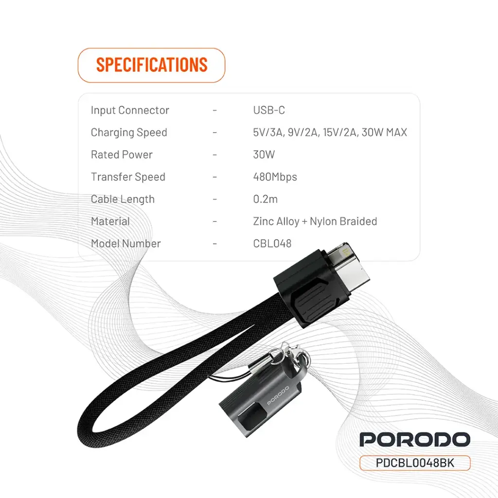 PORODO CHARGELOOP KEYCHAIN USB C TO LIGHTNING DATA CABLE BLACK PDCBL0048BK thumbnail 3