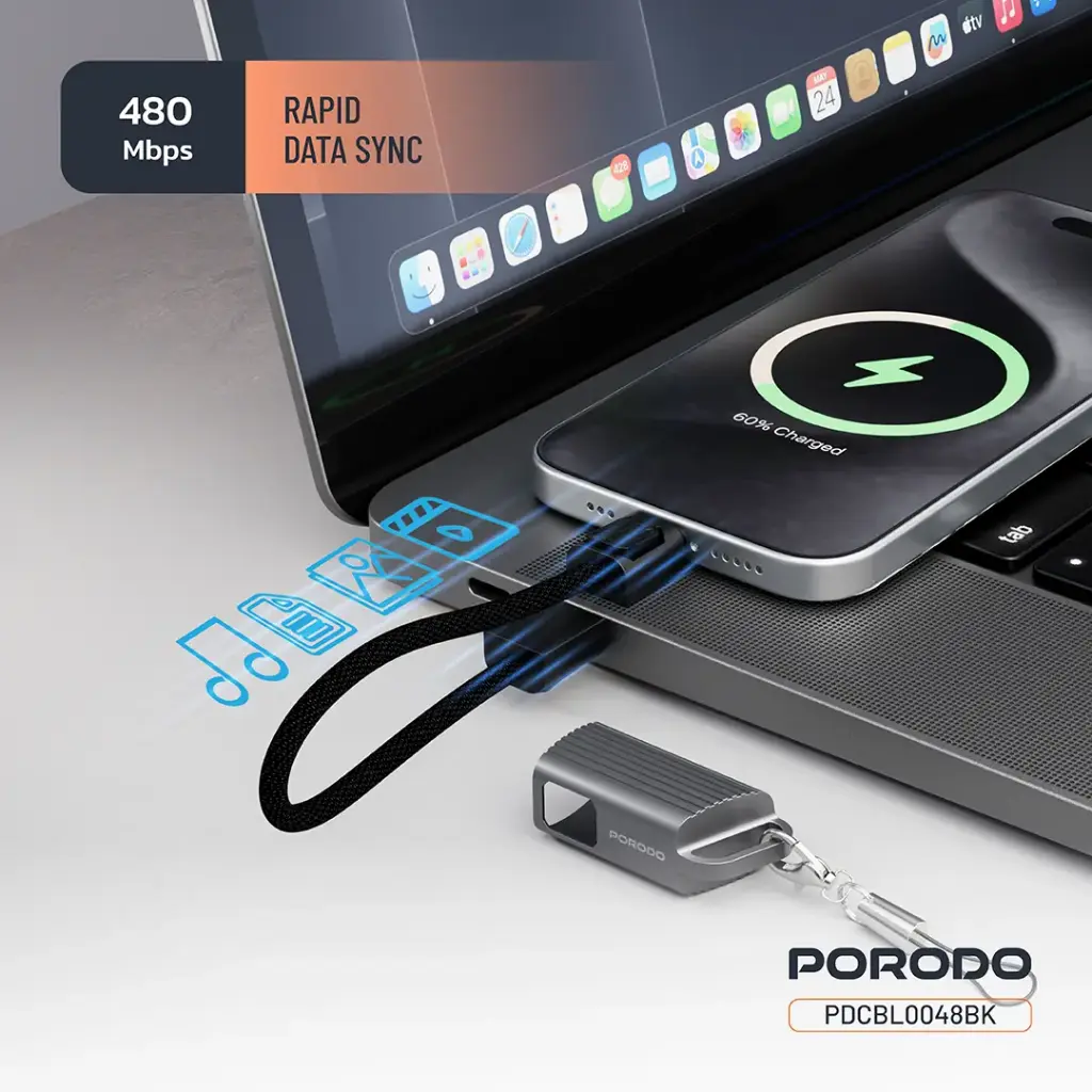 PORODO CHARGELOOP KEYCHAIN USB C TO LIGHTNING DATA CABLE BLACK PDCBL0048BK thumbnail 7