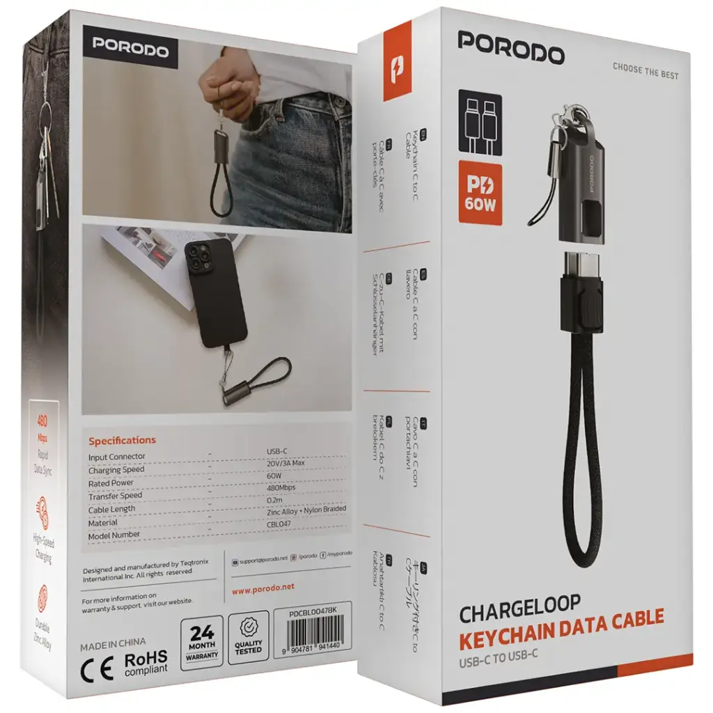 PORODO CHARGELOOP KEYCHAIN USB C TO USB C DATA CABLE BLACK PDCBL0047BK thumbnail 4