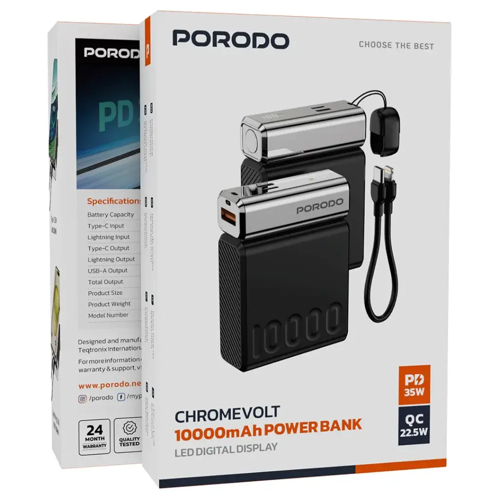 PORODO PD35W CHROME VOLT 10000MAH POWER BANK WITH LED DIGITAL DISPLAY BLACK PDPBFCH088BK thumbnail 4