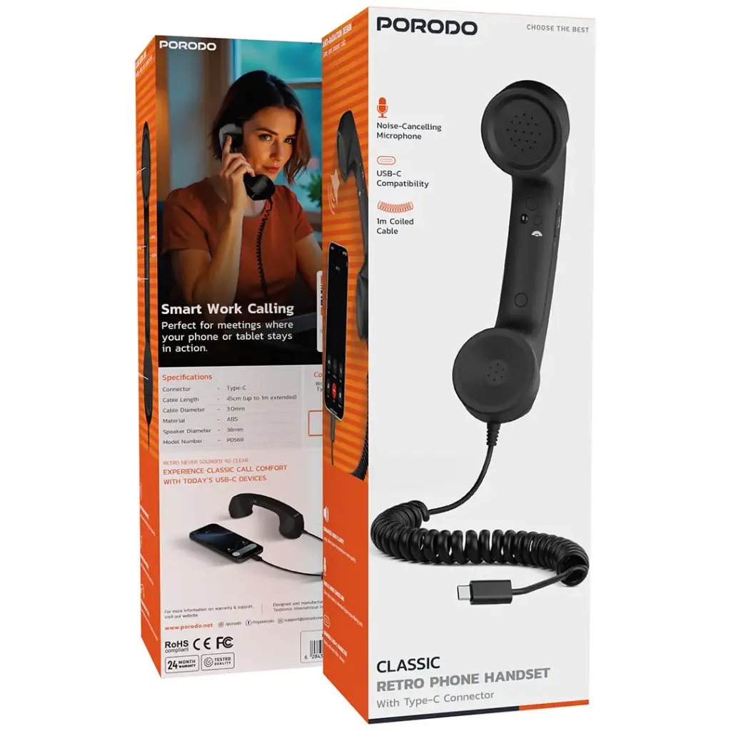 PORODO CLASSIC RETRO PHONE HANDSET WITH TYPE C CONNECTOR BLACK PD569BK thumbnail 4