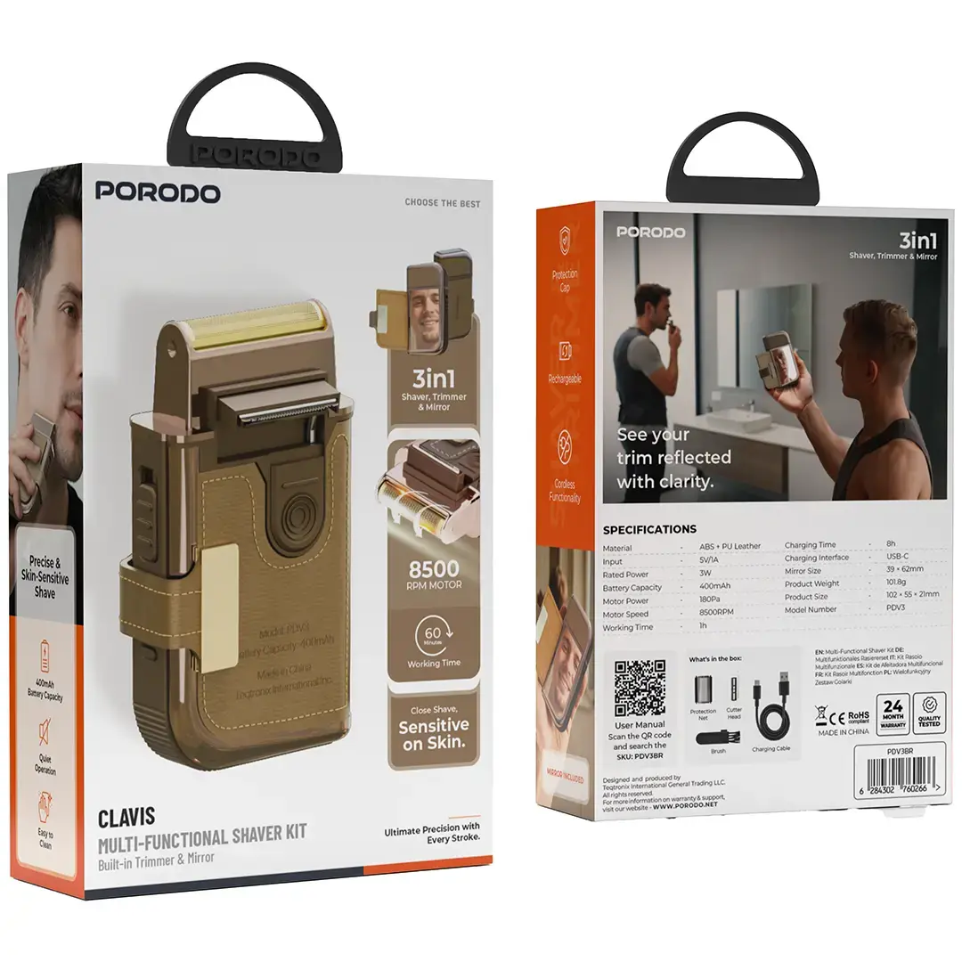 PORODO CLAVIS MULTI FUNCTIONAL SHAVER KIT BUILT IN TRIMMER AND MIRROR BROWN PDV3BR thumbnail 4