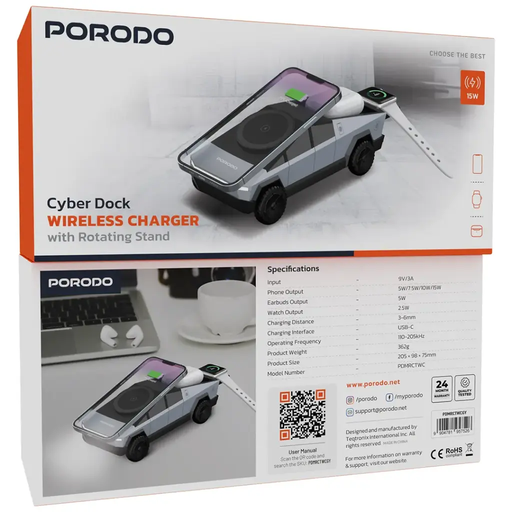 PORODO CYBER DOCK WIRELESS CHARGER WITH ROTATING STAND GREY PDMRCTWCGY thumbnail 7
