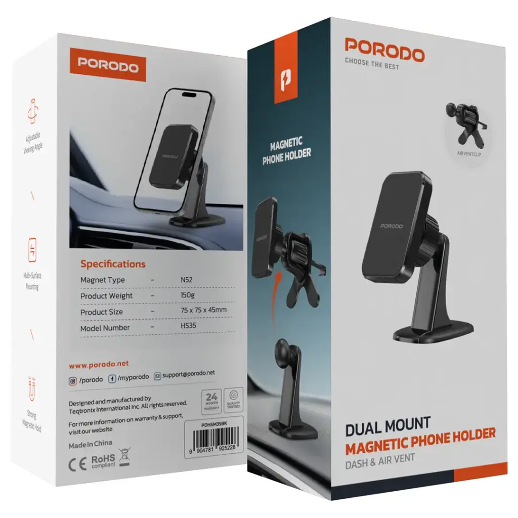 PORODO DUAL MOUNT MAGNETIC PHONE HOLDER WITH DASH & AIR VENT BLACK PDHSM35BK thumbnail 5