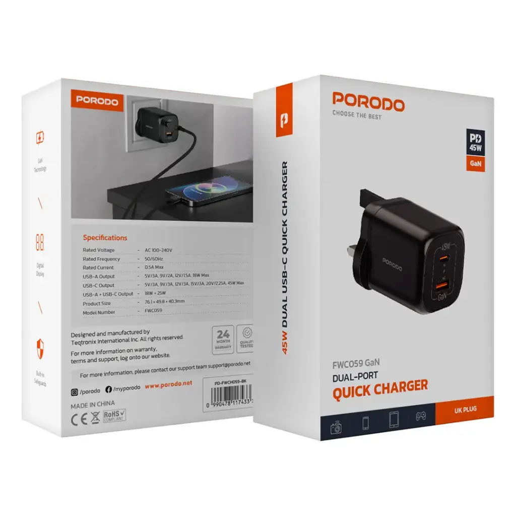 PORODO DUAL PORT QUICK CHARGER BLACK PD-FWCH059-BK thumbnail 2