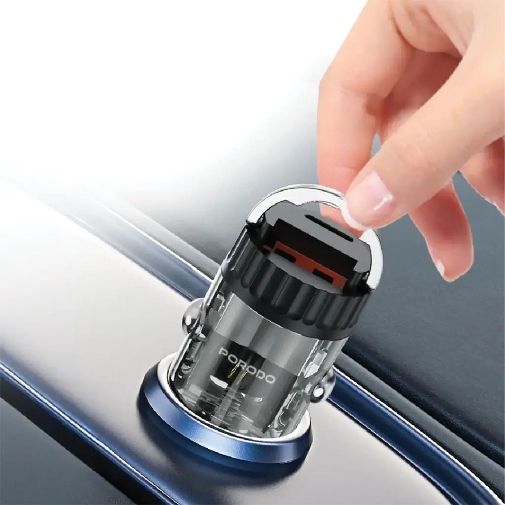 PORODO DUAL PORT TRANSPARENT CAR CHARGER WITH PULL RING HOLDER BLACK WITH USB C TO LIGHTNING CABLE PDFWCH086CBK thumbnail 2