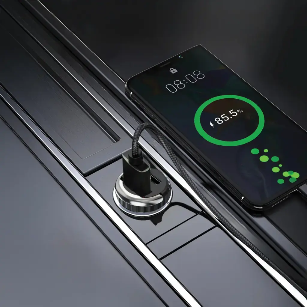 PORODO DUAL PORT TRANSPARENT CAR CHARGER WITH PULL RING HOLDER BLACK WITH USB C TO LIGHTNING CABLE PDFWCH086CBK thumbnail 4