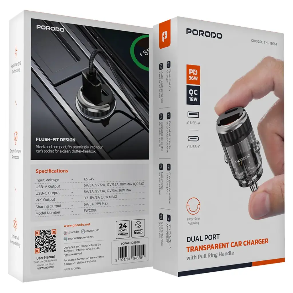 PORODO DUAL PORT TRANSPARENT CAR CHARGER WITH PULL RING HOLDER BLACK PDFWCH086BK thumbnail 5