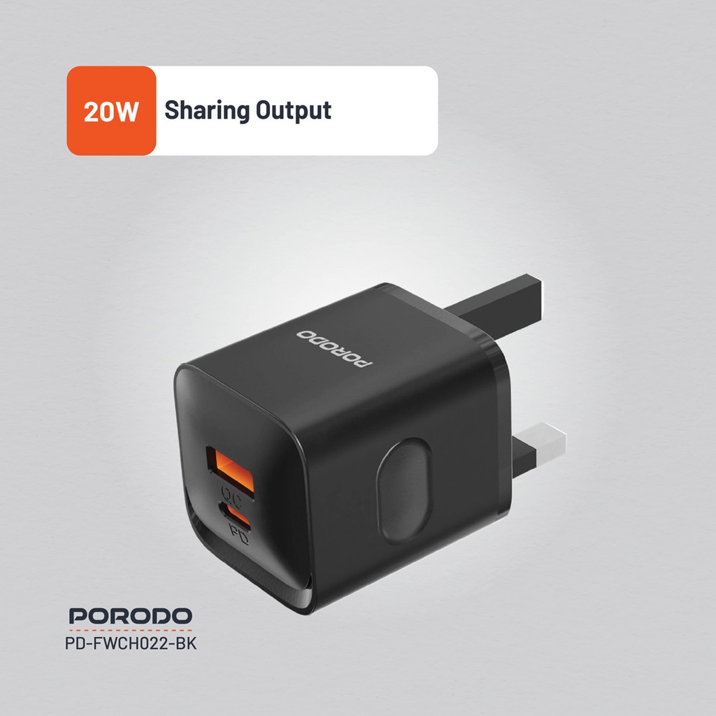 PORODO DUAL PORT WALL CHARGER PD20W QC20W USB C AND USB A OUTPUT BLACK PD-FWCH022-BK thumbnail 9