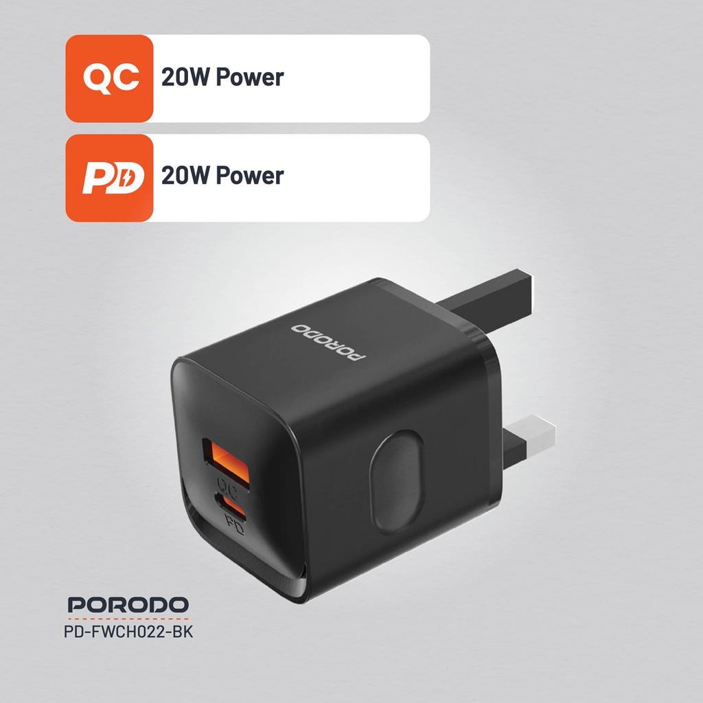 PORODO DUAL PORT WALL CHARGER PD20W QC20W USB C AND USB A OUTPUT BLACK PD-FWCH022-BK thumbnail 8