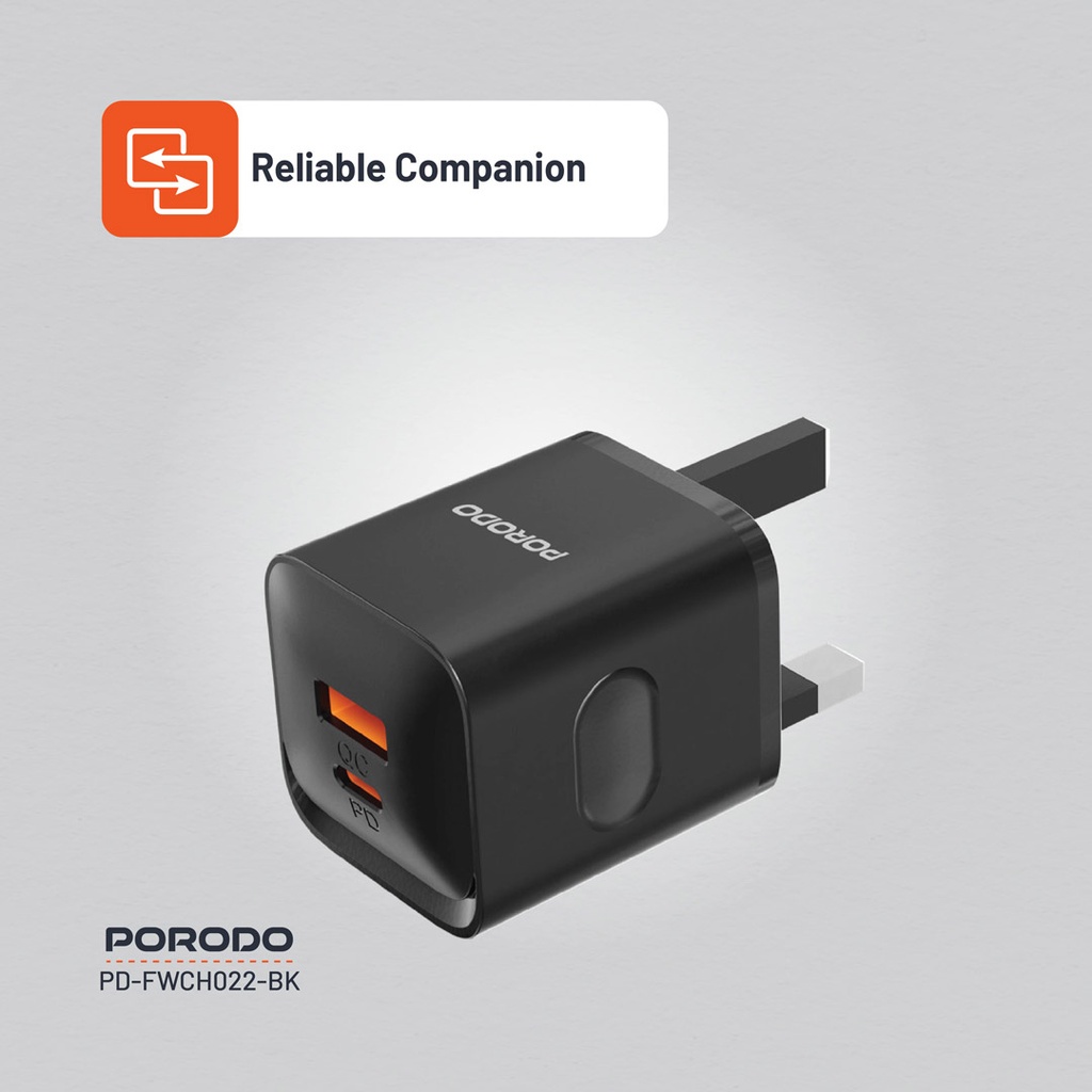 PORODO DUAL PORT WALL CHARGER PD20W QC20W USB C AND USB A OUTPUT BLACK PD-FWCH022-BK thumbnail 7