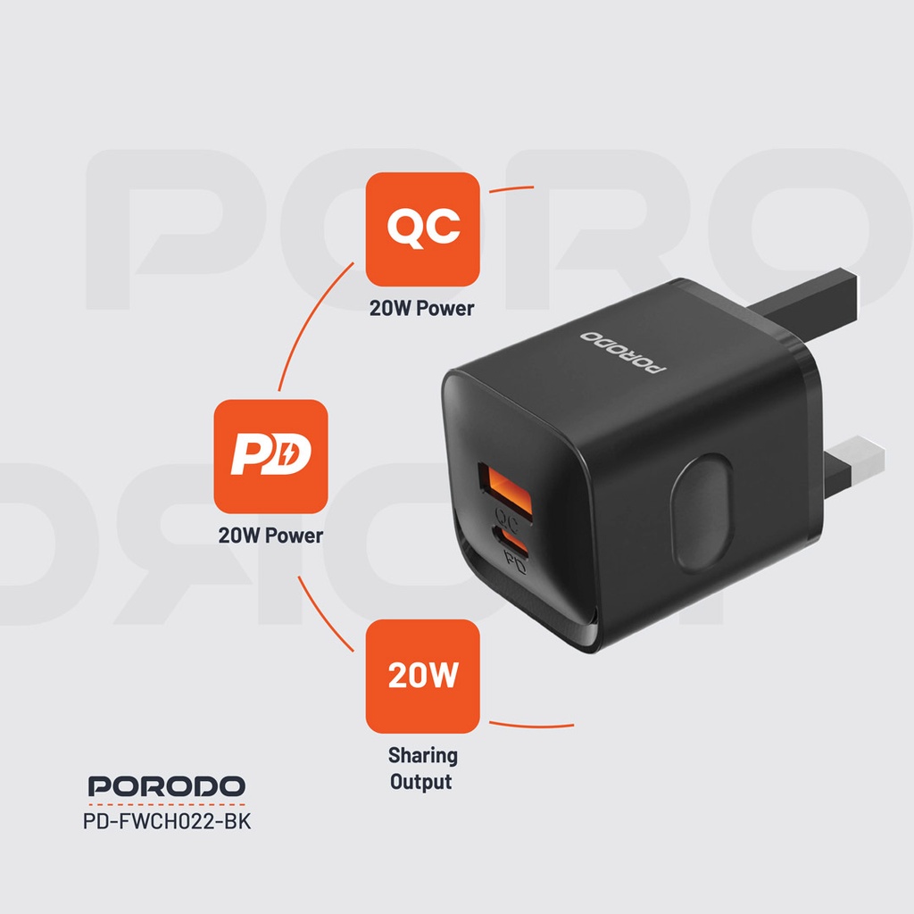 PORODO DUAL PORT WALL CHARGER PD20W QC20W USB C AND USB A OUTPUT BLACK PD-FWCH022-BK thumbnail 4