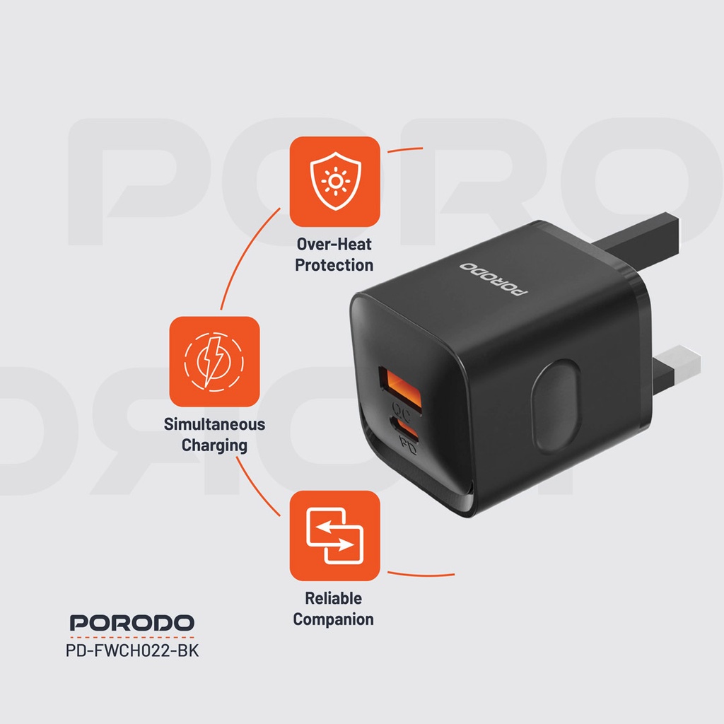 PORODO DUAL PORT WALL CHARGER PD20W QC20W USB C AND USB A OUTPUT BLACK PD-FWCH022-BK thumbnail 3