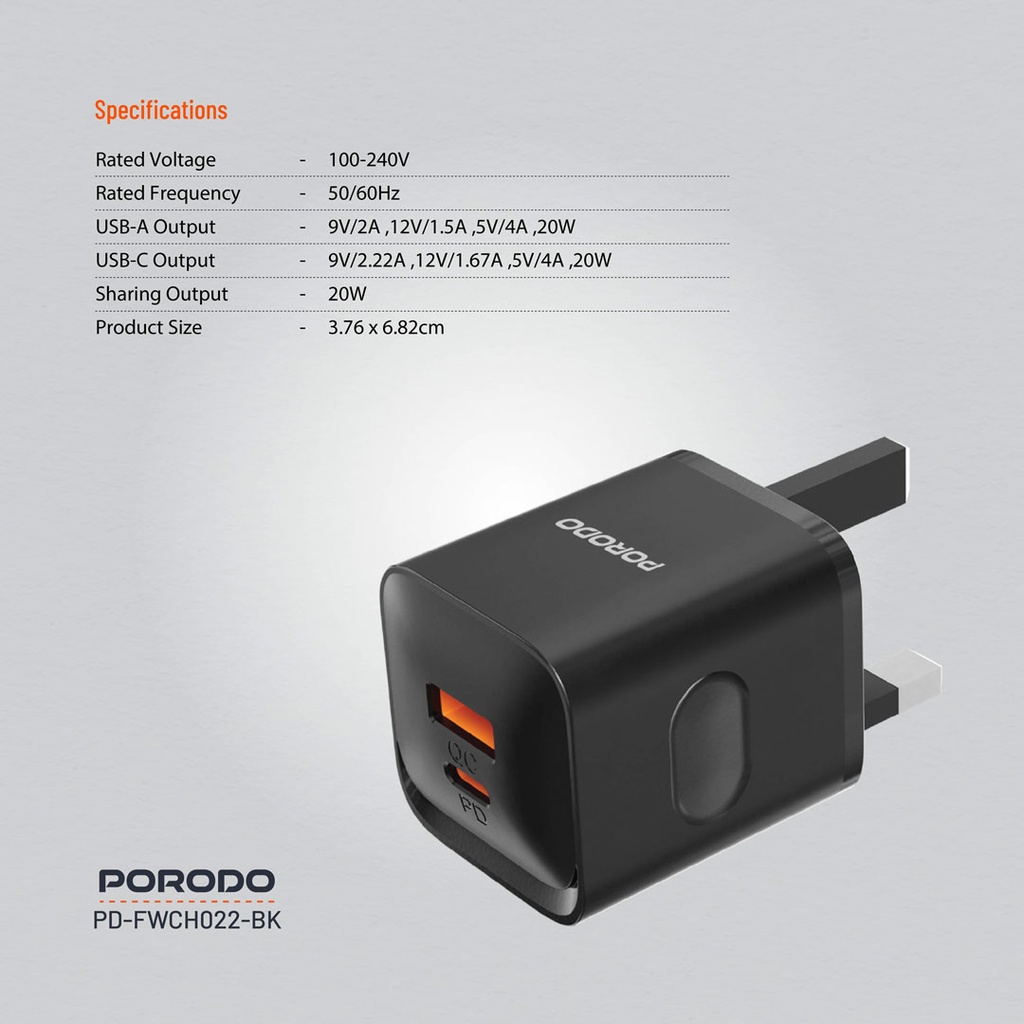 PORODO DUAL PORT WALL CHARGER PD20W QC20W USB C AND USB A OUTPUT BLACK PD-FWCH022-BK thumbnail 10