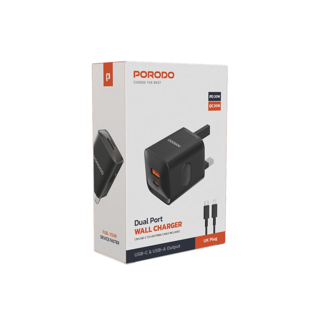 PORODO DUAL PORT WITH USB C TO LIGHTNING CABLE WALL CHARGER BLACK PD-FWCH022-L-BK thumbnail 7