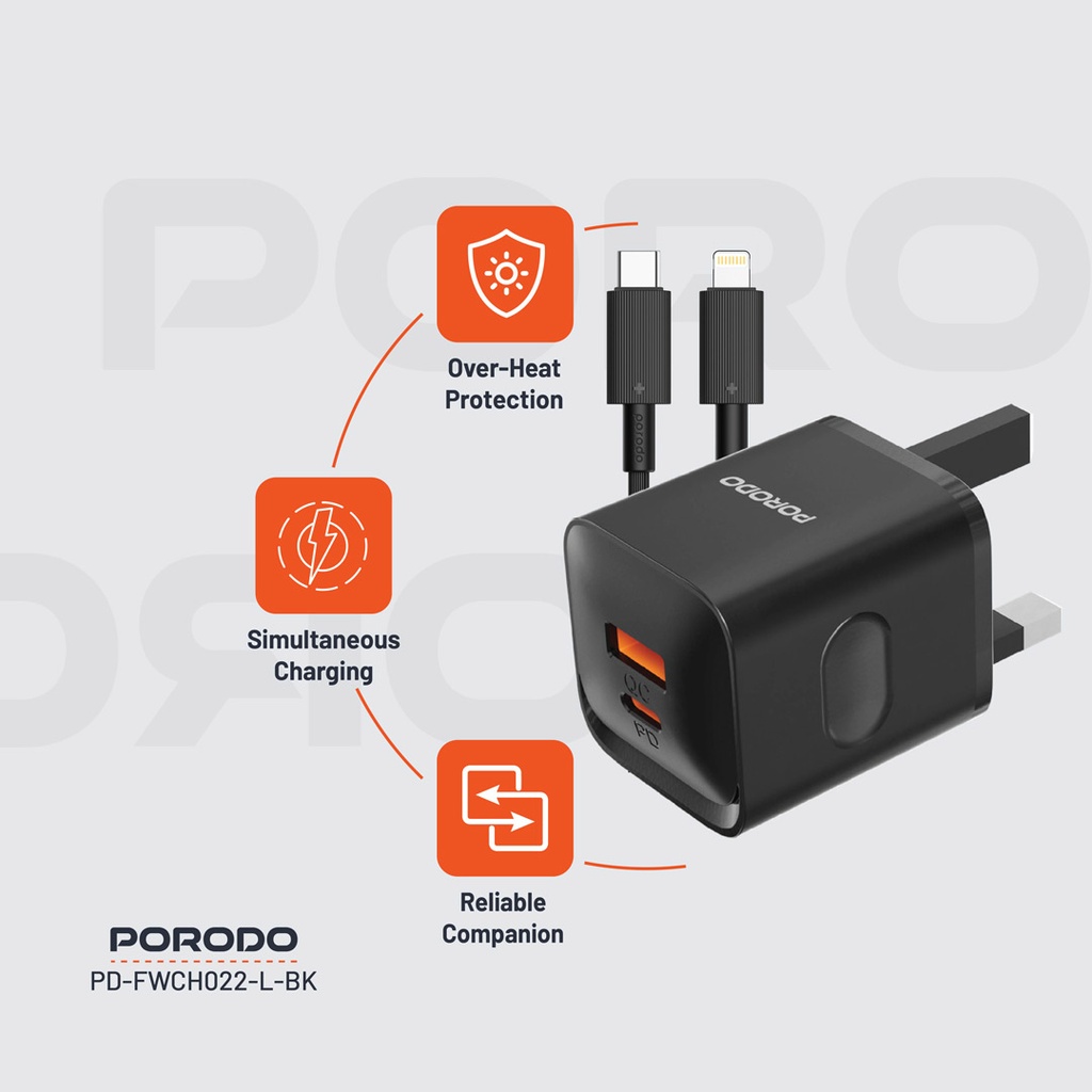 PORODO DUAL PORT WITH USB C TO LIGHTNING CABLE WALL CHARGER BLACK PD-FWCH022-L-BK thumbnail 6