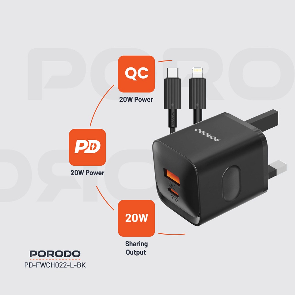 PORODO DUAL PORT WITH USB C TO LIGHTNING CABLE WALL CHARGER BLACK PD-FWCH022-L-BK thumbnail 5