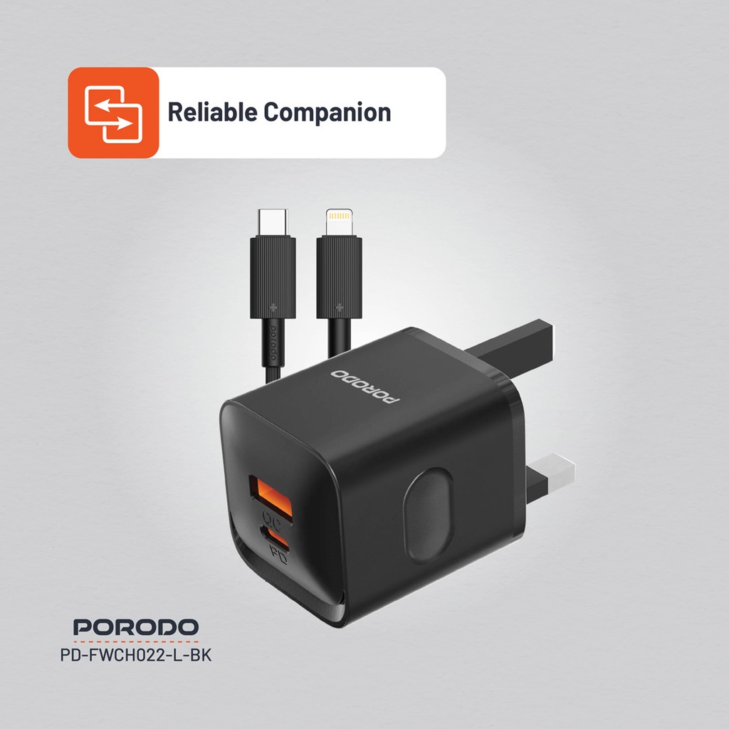 PORODO DUAL PORT WITH USB C TO LIGHTNING CABLE WALL CHARGER BLACK PD-FWCH022-L-BK thumbnail 4
