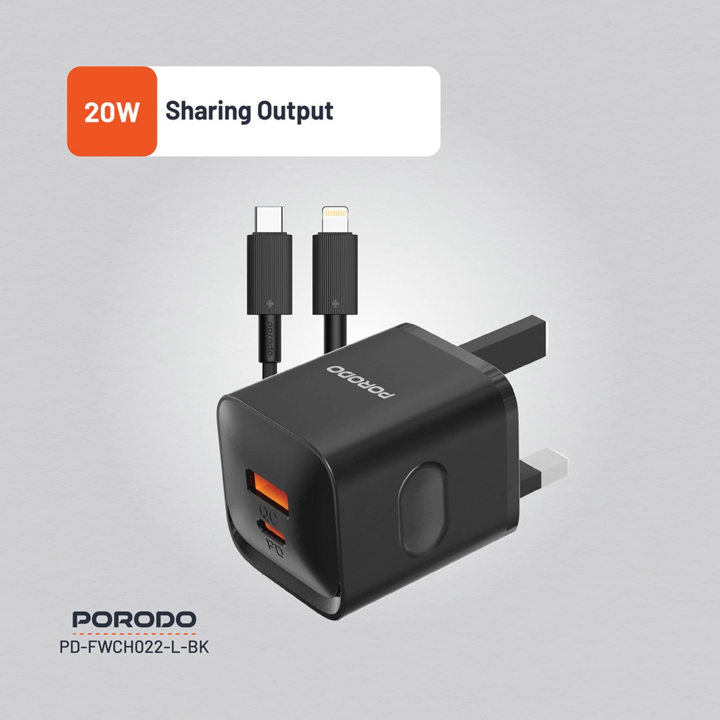 PORODO DUAL PORT WITH USB C TO LIGHTNING CABLE WALL CHARGER BLACK PD-FWCH022-L-BK thumbnail 3