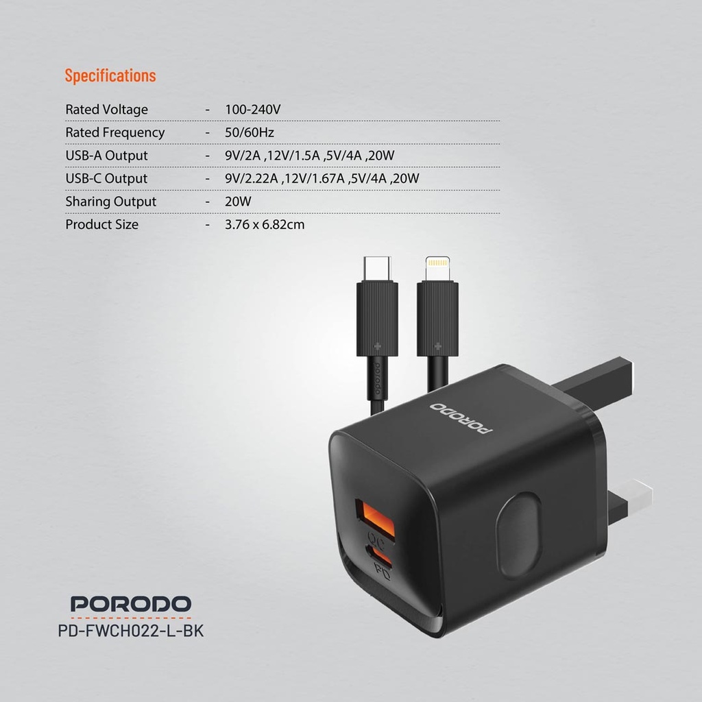 PORODO DUAL PORT WITH USB C TO LIGHTNING CABLE WALL CHARGER BLACK PD-FWCH022-L-BK thumbnail 2
