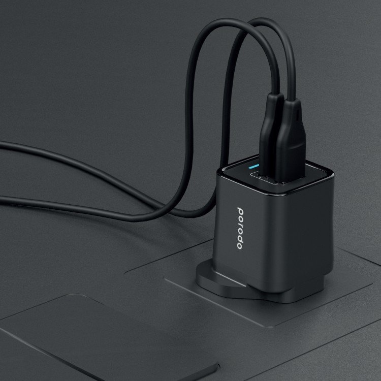PORODO DUAL PORT WALL CHARGER PD 20W WITH USB C TO LIGHTNING 1.2M BLACK CABLE PD-FWCH028-BK-L thumbnail 2