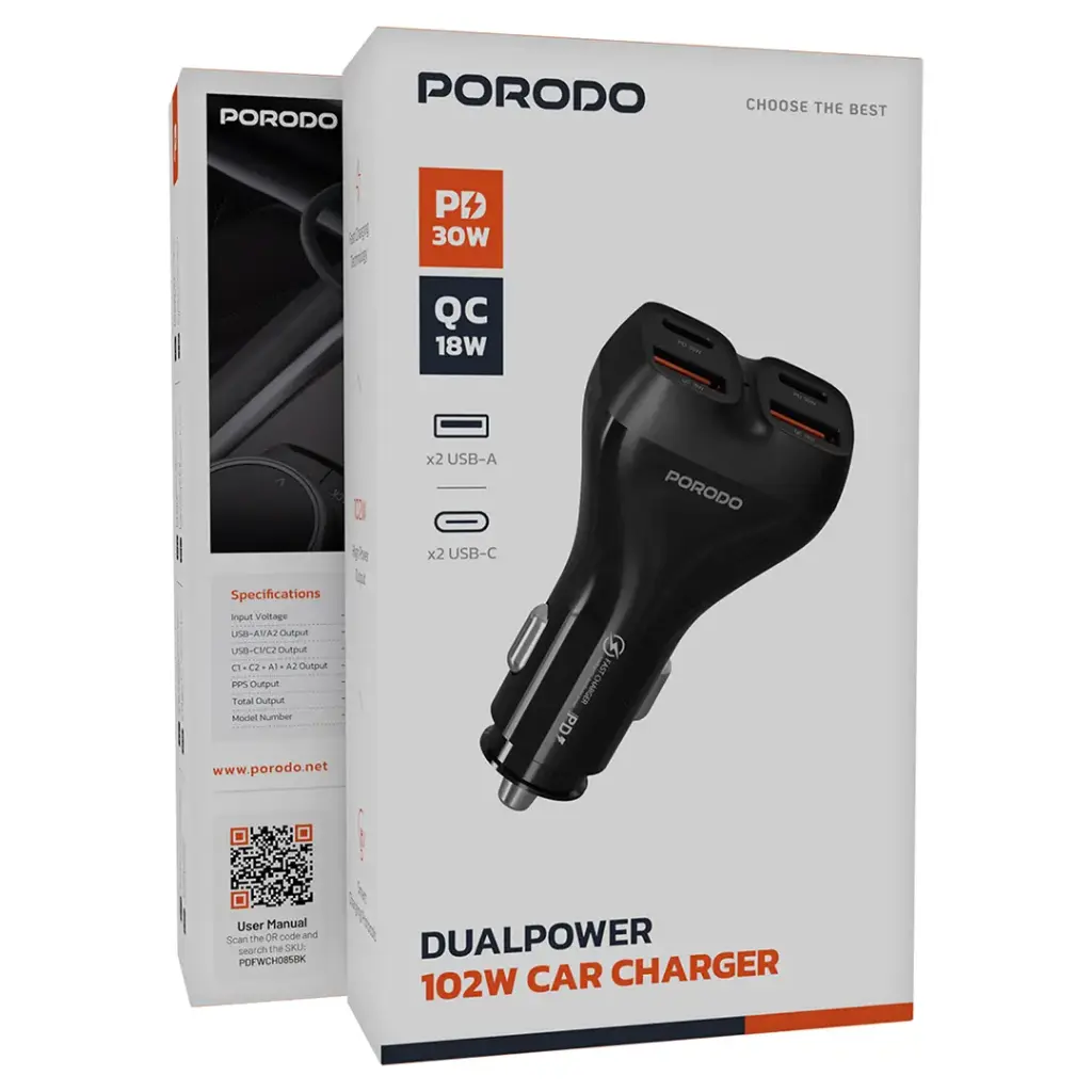 PORODO DUALPOWER 102W CAR CHARGER PD30W QC18W BLACK PDFWCH085BK thumbnail 5