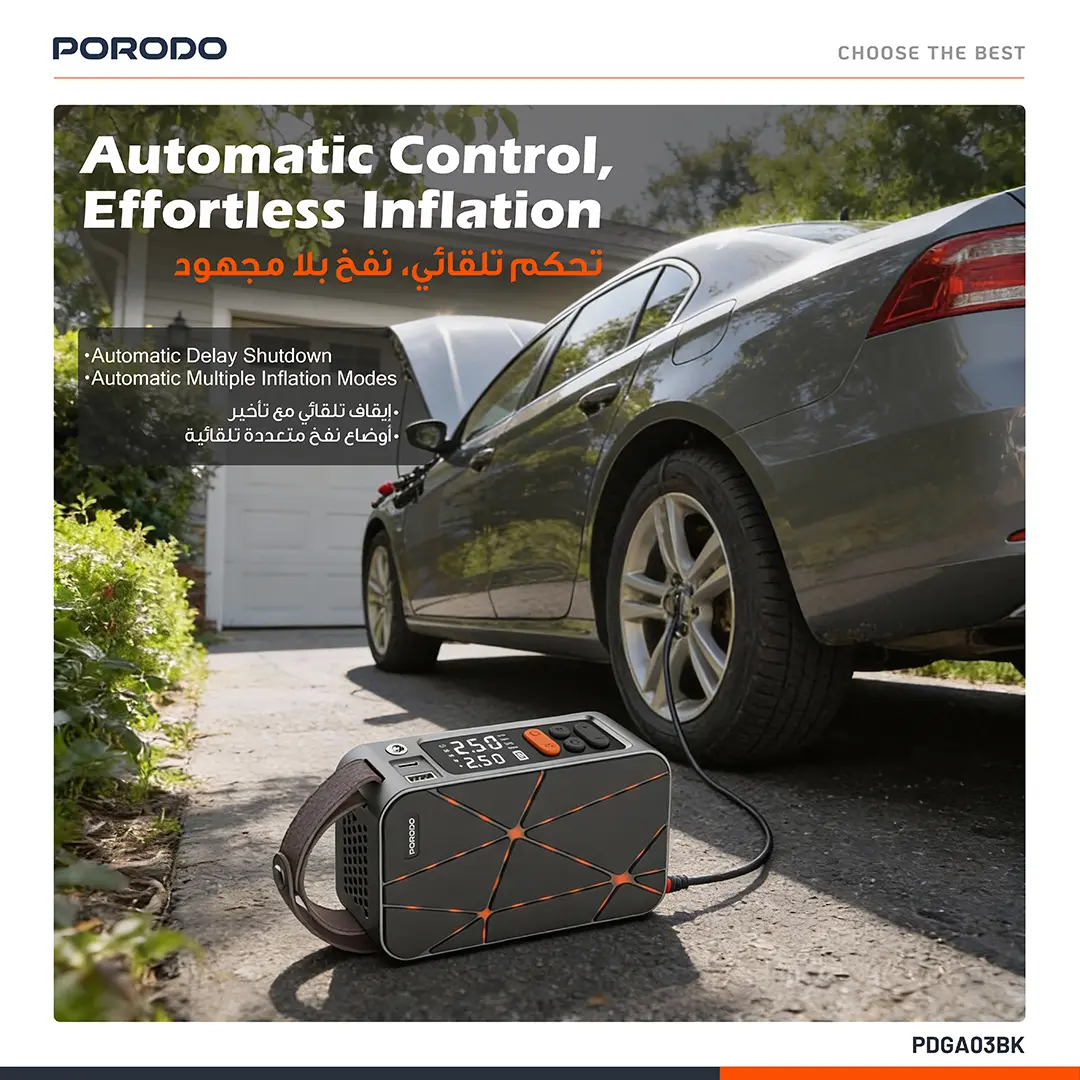 PORODO FLATOR 60W CAR TIRE INFLATOR WITH 4000 MAH BATTERY BLACK PDGA03BK thumbnail 3