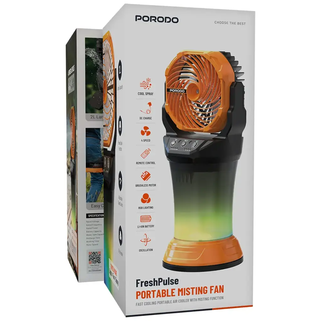 PORODO FRESH PULSE PORTABLE 15000 MAH MISTING FAN WITH RGB LIGHT ORANGE & BLACK PDMDX65OGBK thumbnail 5