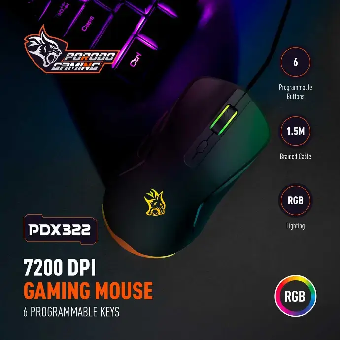 Porodo Gaming 7200 DPI RGB Gaming Mouse Black PDX322 thumbnail 2
