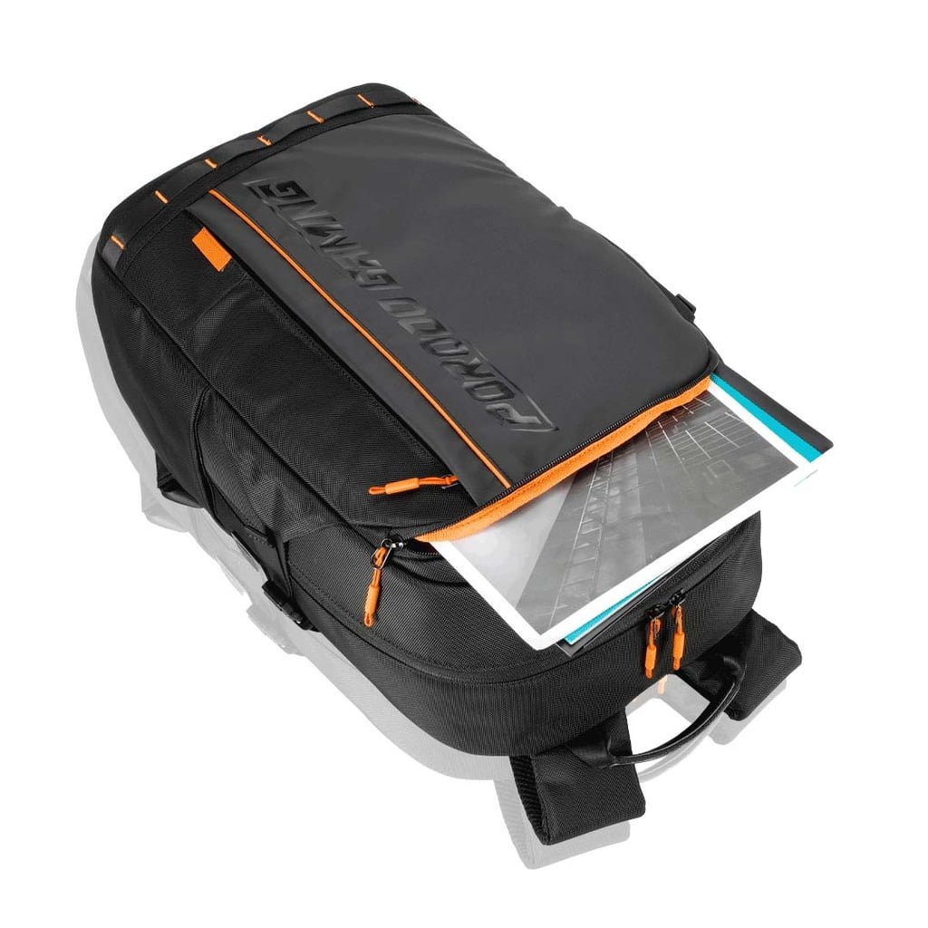 PORODO GAMING WATER RESISTANT PU LAPTOP BACKPACK WITH USB C PORT PS5 COMPATMENT BLACK ORANGE PDX534 thumbnail 2