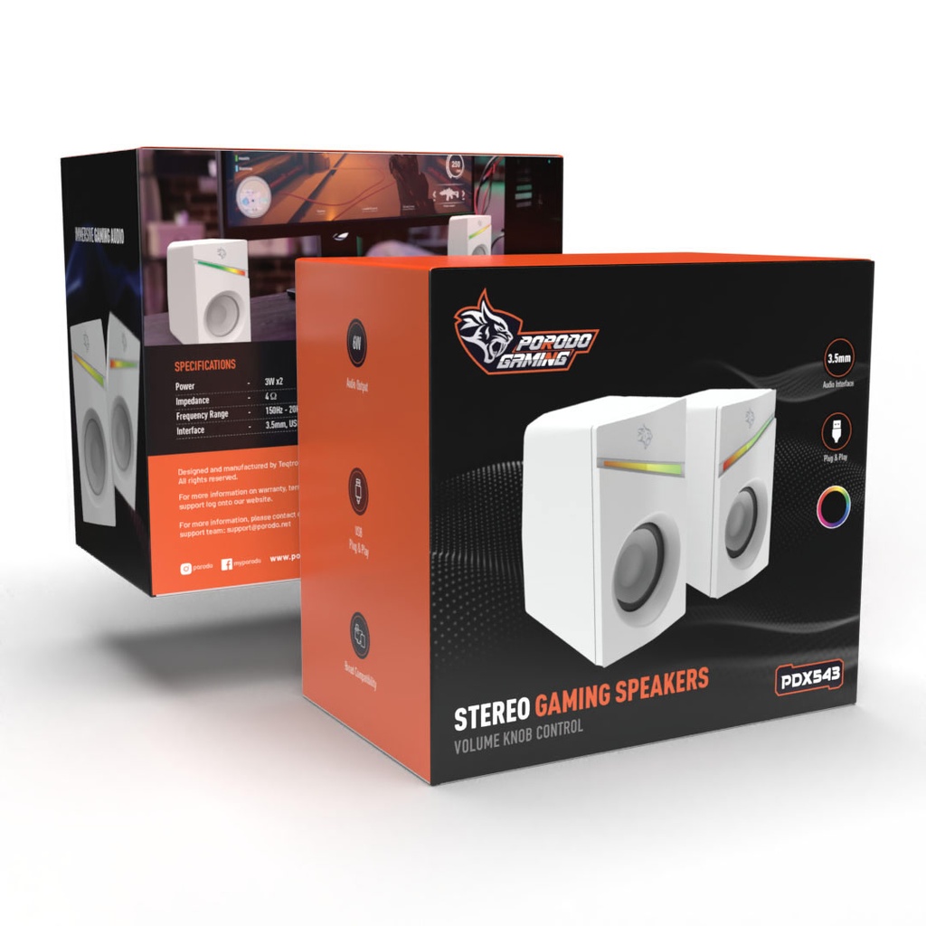 PORODO GAMING STEREO VOULME KNOB CONTROL GAMING SPEAKERS PDX543 WHITE PDX543-WH thumbnail 4