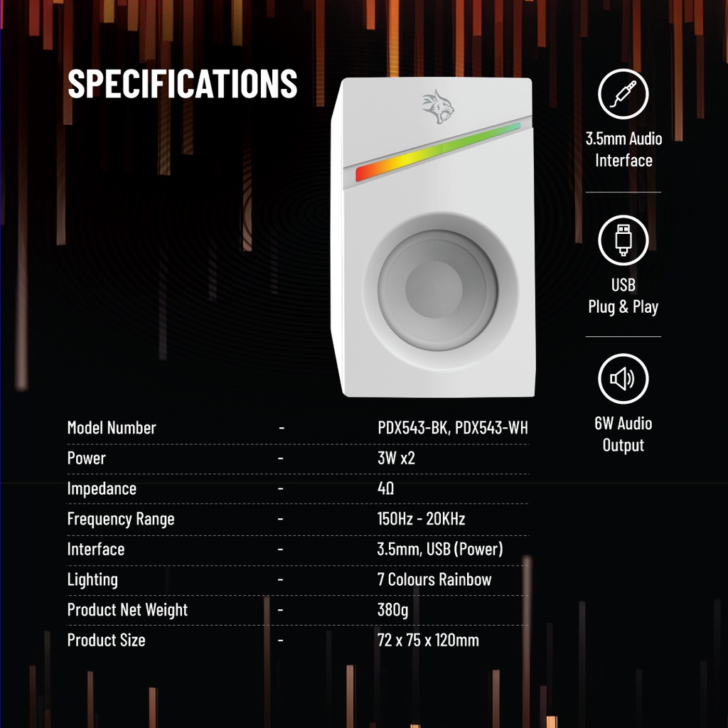PORODO GAMING STEREO VOULME KNOB CONTROL GAMING SPEAKERS PDX543 WHITE PDX543-WH thumbnail 5