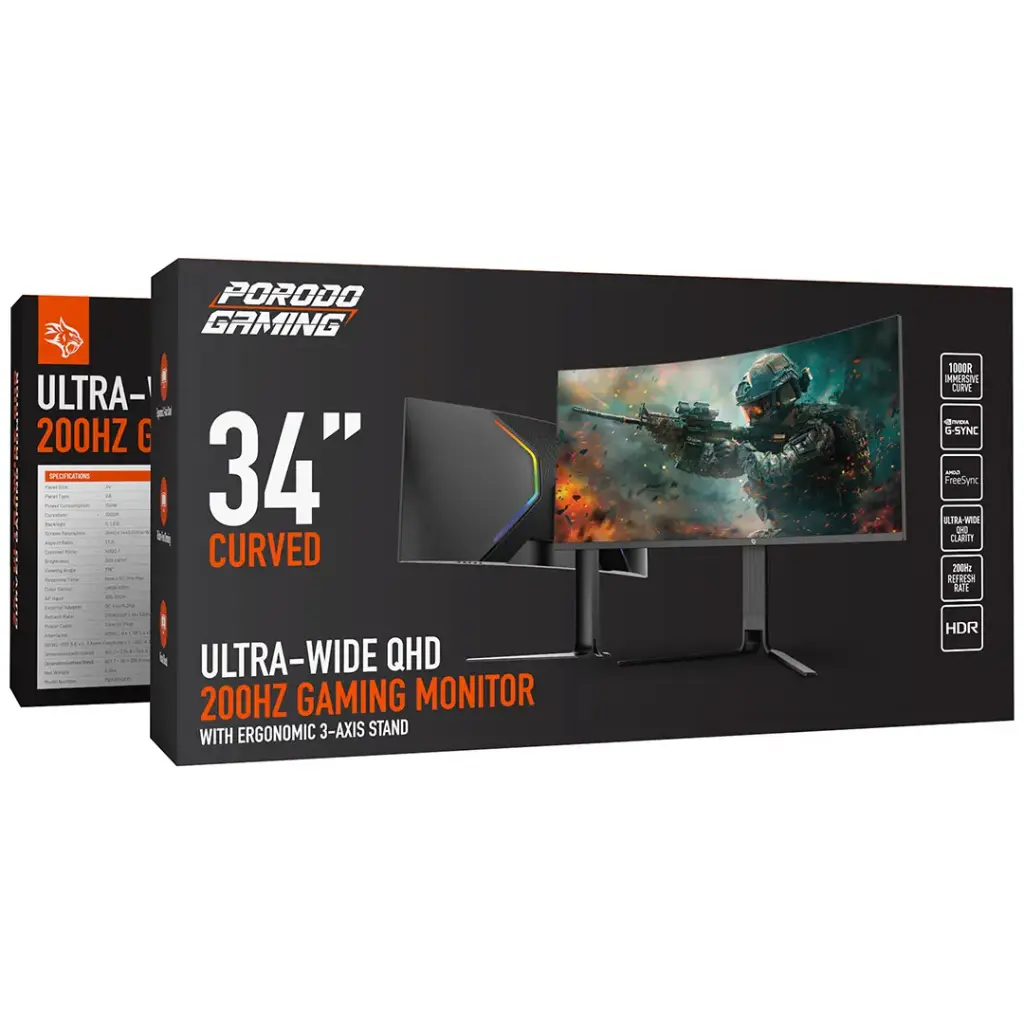 PORODO GAMING 34 INCH CURVED ULTRA WIDE QHD 200HZ GAMING MONITOR WITH ERGONOMIC 3 AXIS STAND PDXV34200BK thumbnail 3