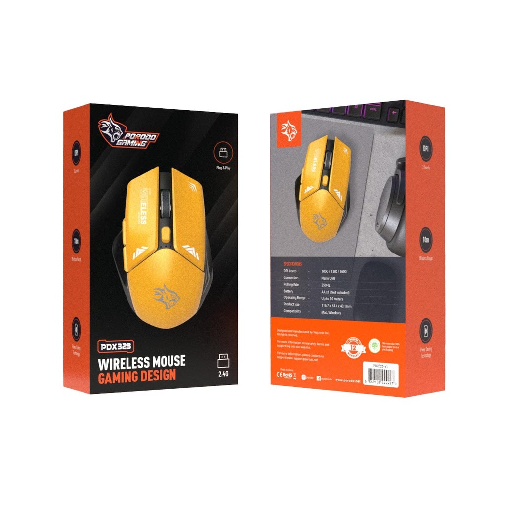 PORODO GAMING DESIGN WIRELESS MOUSE YELLOW PD323-YL thumbnail 4