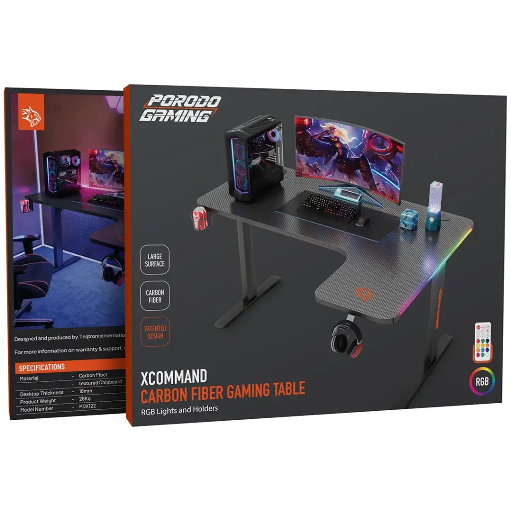 PORODO GAMING XCOMMAND CARBON FIBER GAMING TABLE RGB LIGHTS AND HOLDERS BLACK PDX122BK thumbnail 3