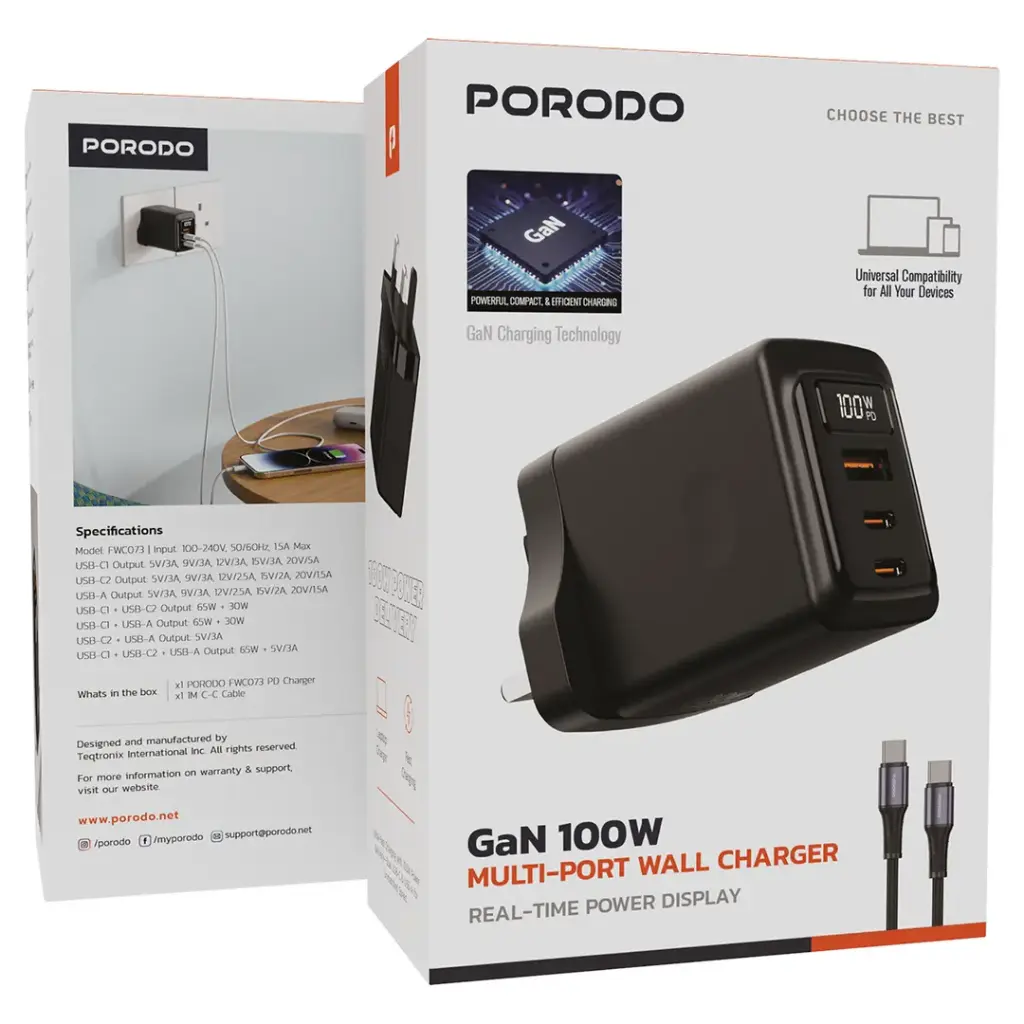 PORODO GAN 100W MULTI PORT WALL CHARGER TYPE C TO TYPE C CABLE BLACK PDFWCH073CBK thumbnail 5