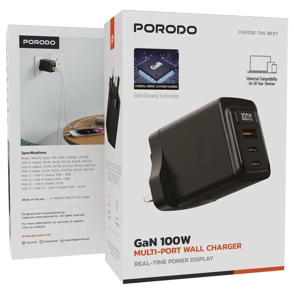 PORODO GAN 100W MULTI PORT WALL CHARGER BLACK PDFWCH073BK thumbnail 4