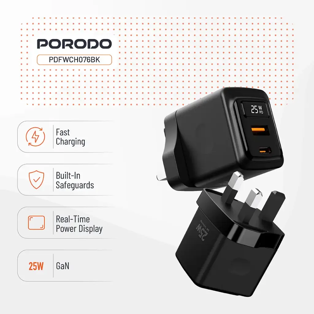 PORODO GAN 25W DUAL PORT WALL CHARGER WITH TYPE C TO TYPE C CABLE BLACK PDFWCH076CBK thumbnail 3