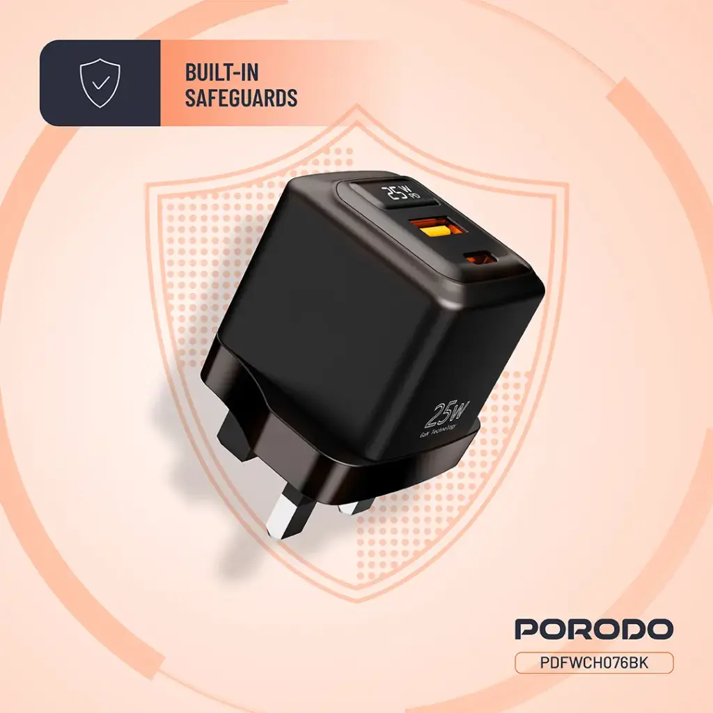 PORODO GAN 25W DUAL PORT WALL CHARGER WITH TYPE C TO TYPE C CABLE BLACK PDFWCH076CBK thumbnail 5