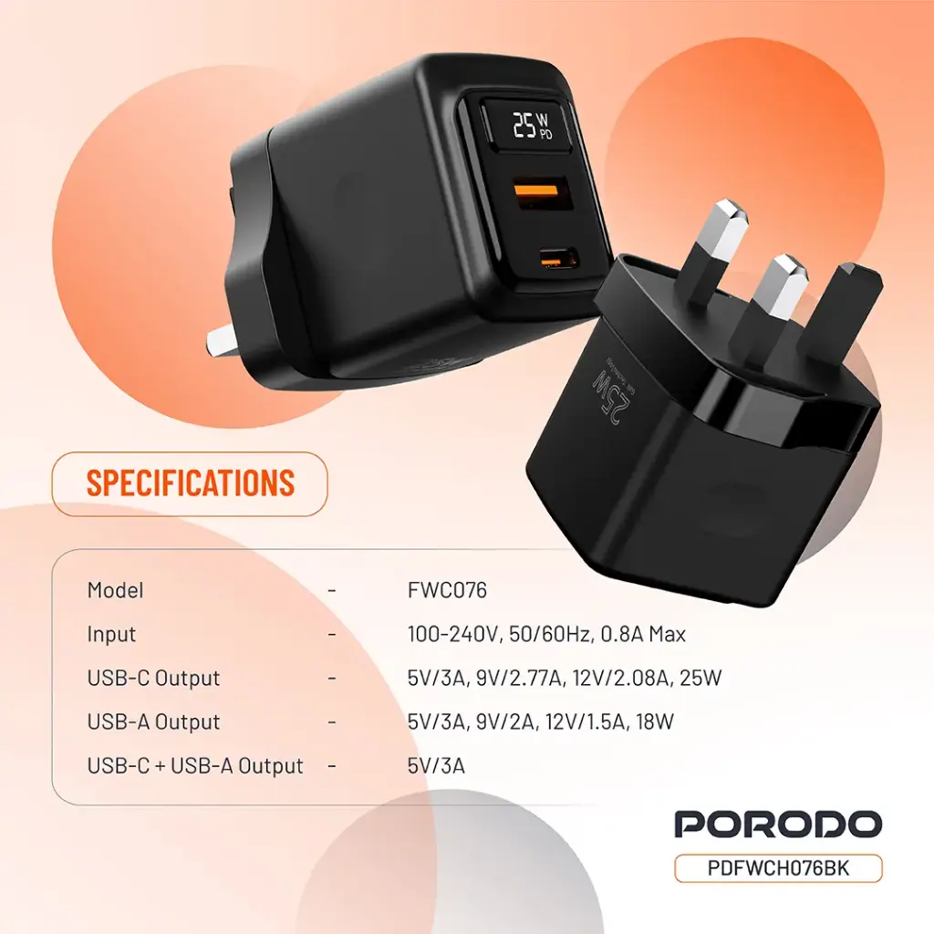 PORODO GAN 25W DUAL PORT WALL CHARGER WITH TYPE C TO TYPE C CABLE BLACK PDFWCH076CBK thumbnail 2