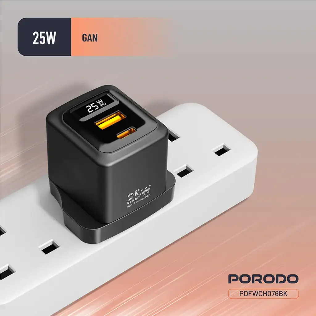 PORODO GAN 25W DUAL PORT WALL CHARGER WITH TYPE C TO TYPE C CABLE BLACK PDFWCH076CBK thumbnail 7