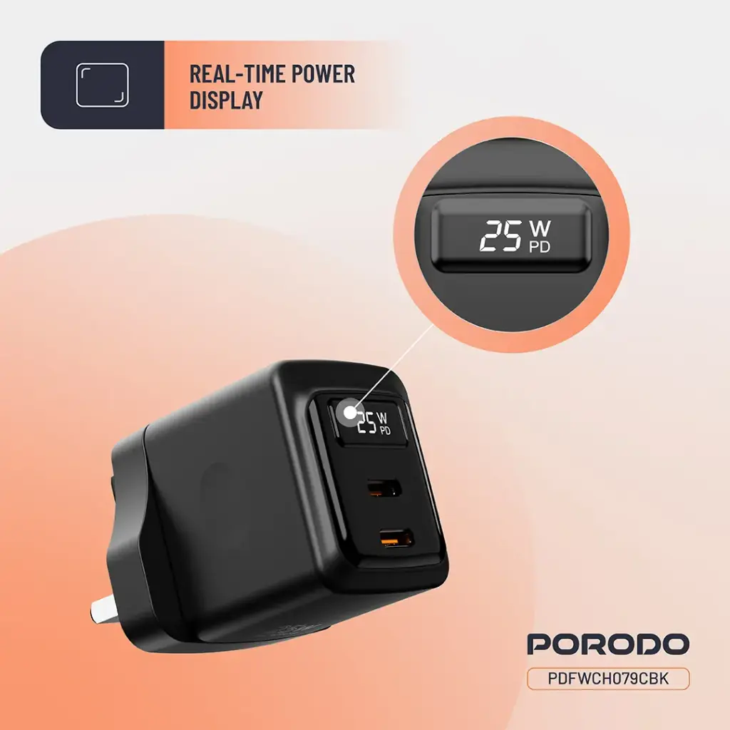 PORODO GAN 25W DUAL USB C WALL CHARGER WITH TYPE C TO LIGHTNING CABLE BLACK PDFWCH079LBK thumbnail 8