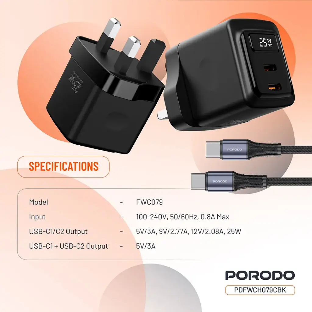 PORODO GAN 25W DUAL USB C WALL CHARGER WITH TYPE C TO LIGHTNING CABLE BLACK PDFWCH079LBK thumbnail 2